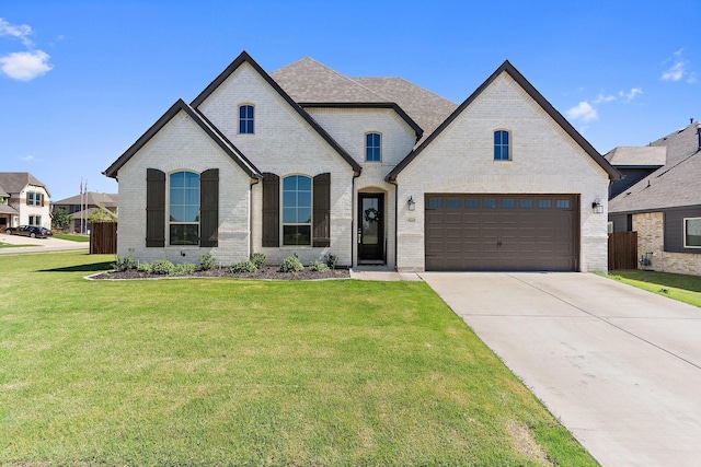 french provincial home featuring brick siding, a front lawn, an attached garage, and driveway