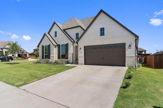 french provincial home with fence, a front lawn, and brick siding