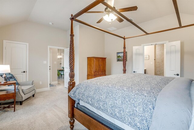 bedroom with vaulted ceiling, ceiling fan, light carpet, and baseboards