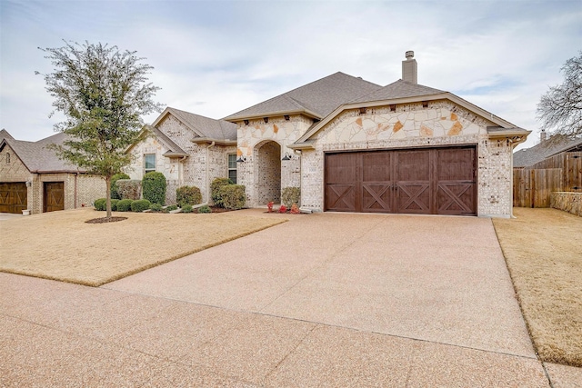 french provincial home featuring a garage, fence, concrete driveway, stone siding, and a chimney