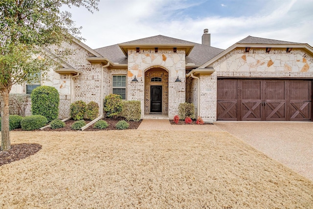 french country inspired facade with roof with shingles, a chimney, a garage, stone siding, and driveway