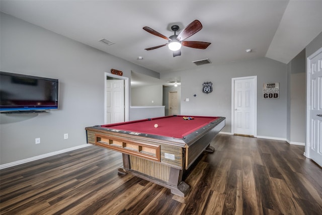 recreation room with billiards, a ceiling fan, wood finished floors, visible vents, and baseboards