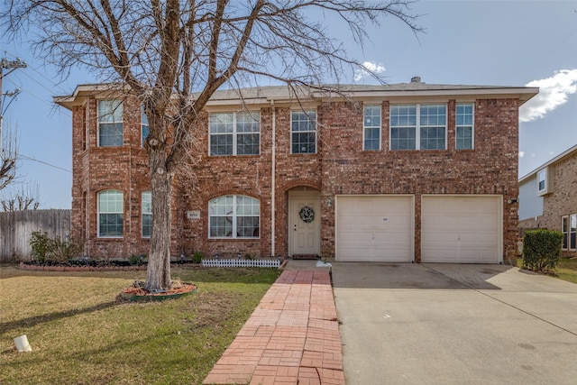 view of front facade featuring a garage, concrete driveway, fence, a front lawn, and brick siding