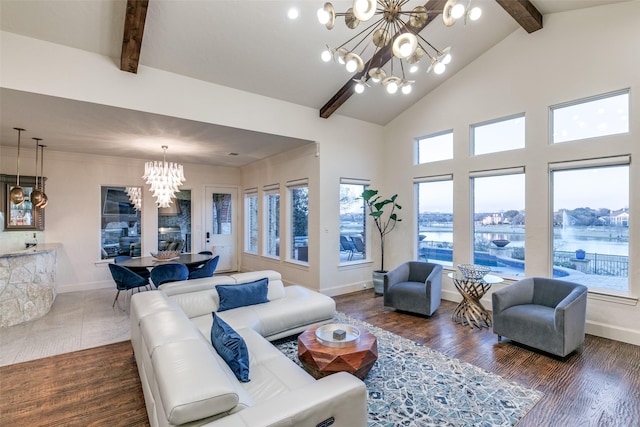 living area featuring high vaulted ceiling, wood finished floors, beam ceiling, and an inviting chandelier