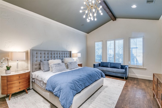 bedroom with visible vents, lofted ceiling with beams, wood finished floors, a chandelier, and baseboards