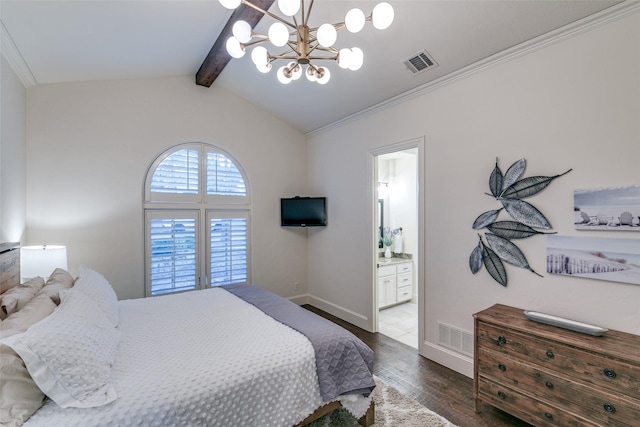 bedroom with baseboards, visible vents, dark wood-type flooring, vaulted ceiling with beams, and a notable chandelier