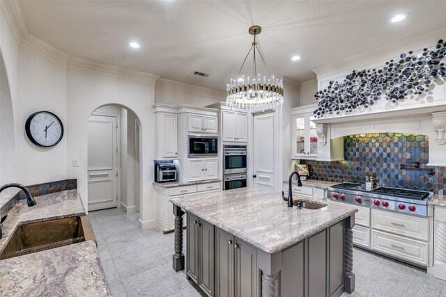 home office featuring a chandelier, ornamental molding, wood finished floors, and recessed lighting