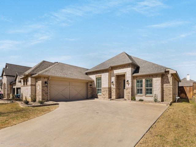 french provincial home with brick siding, driveway, an attached garage, and roof with shingles