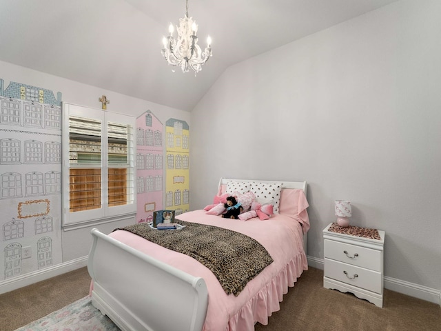 bedroom featuring vaulted ceiling, dark carpet, a chandelier, and baseboards