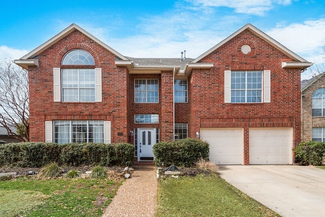 view of front facade featuring concrete driveway, brick siding, and an attached garage