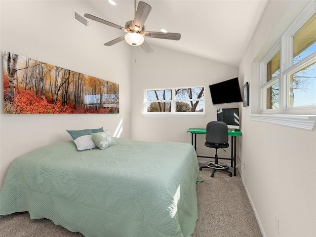 bedroom with carpet, visible vents, vaulted ceiling, ceiling fan, and baseboards