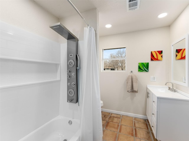 bathroom with visible vents, toilet, shower / tub combo, vanity, and baseboards