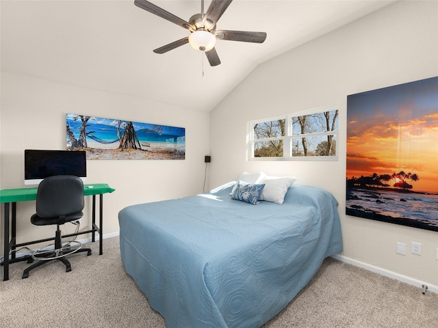 bedroom with vaulted ceiling, carpet floors, ceiling fan, and baseboards