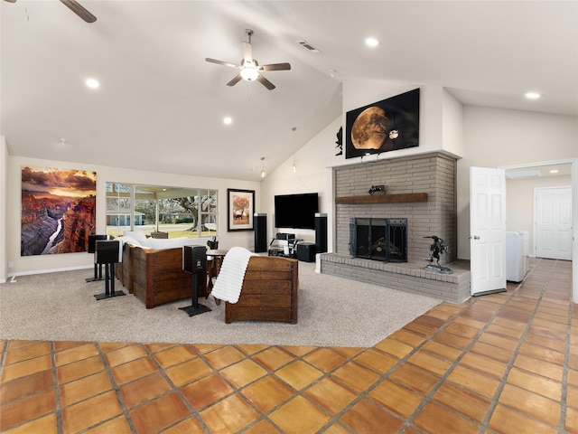 living area featuring visible vents, a brick fireplace, a ceiling fan, and recessed lighting