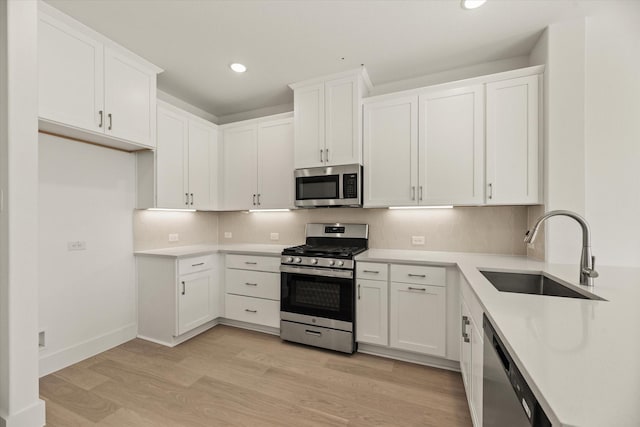 kitchen featuring white cabinets, a sink, stainless steel appliances, light wood-type flooring, and backsplash