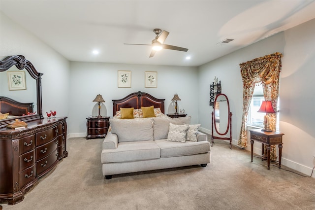 carpeted bedroom with visible vents, recessed lighting, and baseboards