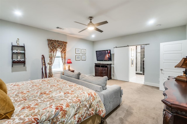 bedroom with baseboards, visible vents, recessed lighting, ceiling fan, and light colored carpet