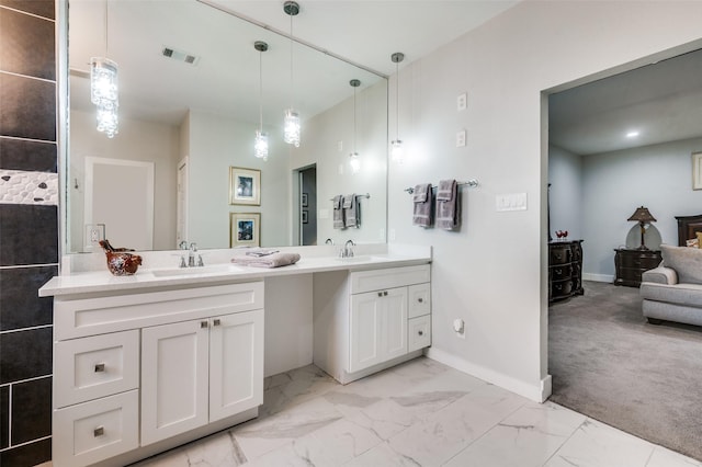 full bathroom with a sink, visible vents, baseboards, and marble finish floor