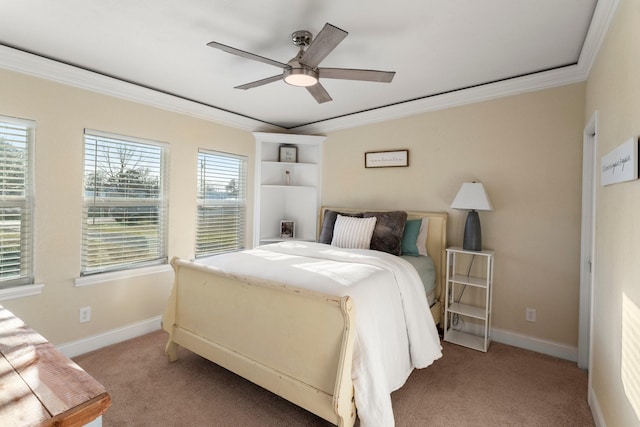 bedroom featuring ceiling fan, baseboards, crown molding, and light colored carpet