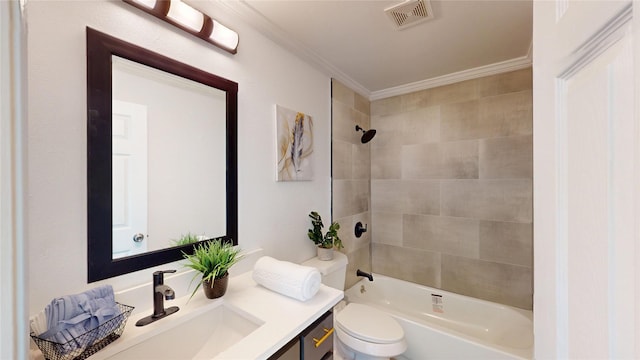 full bath featuring visible vents, crown molding, vanity, and toilet