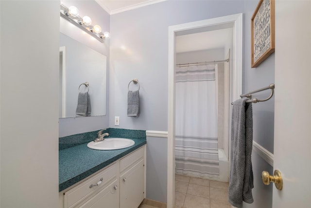 full bath with crown molding, tile patterned flooring, shower / tub combo with curtain, and vanity