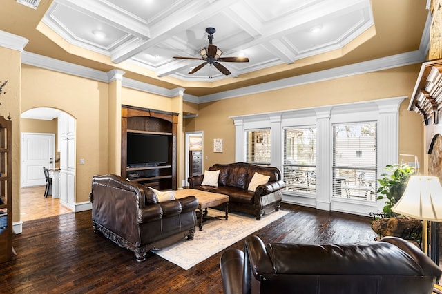 living room with arched walkways, coffered ceiling, and wood-type flooring