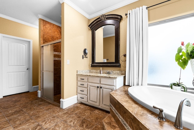 full bath featuring stone finish floor, a garden tub, crown molding, vanity, and a shower stall