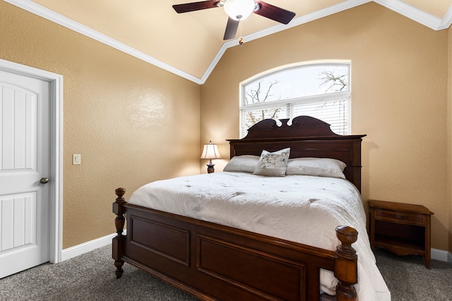 bedroom featuring ornamental molding, carpet flooring, and vaulted ceiling