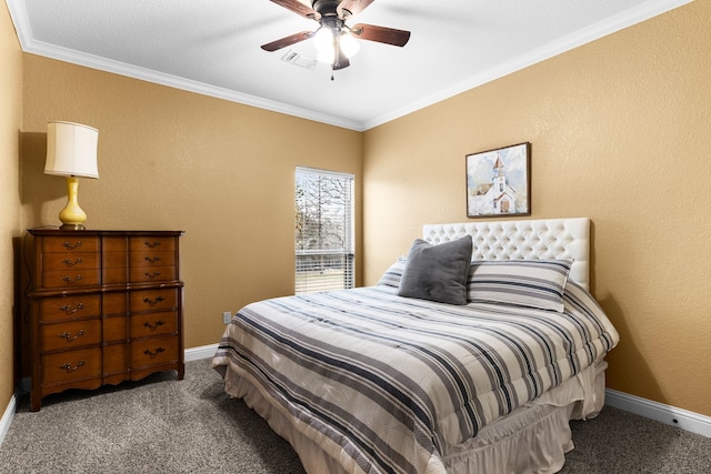 bedroom featuring carpet, visible vents, ornamental molding, a ceiling fan, and baseboards