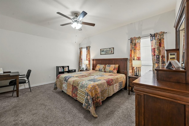 bedroom with lofted ceiling, carpet floors, a ceiling fan, and baseboards