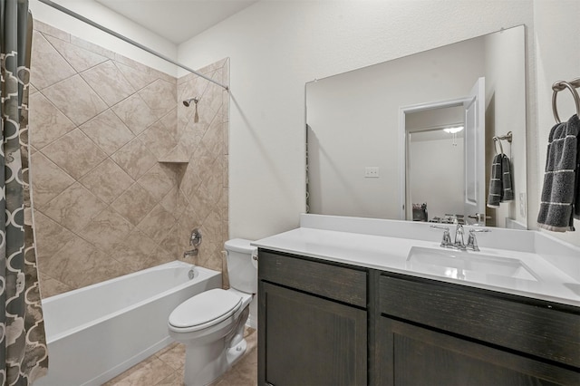 full bathroom with tile patterned flooring, vanity, toilet, and shower / tub combo with curtain