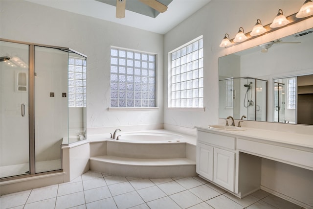 full bath featuring visible vents, a shower stall, vanity, a bath, and tile patterned floors