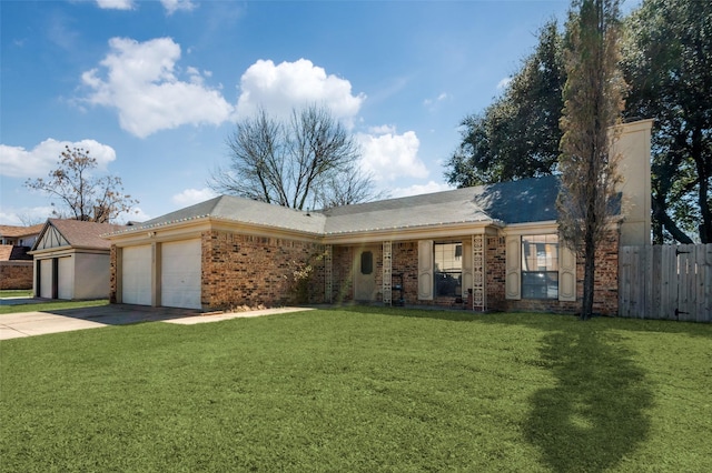 ranch-style house with an attached garage, brick siding, a front yard, and fence