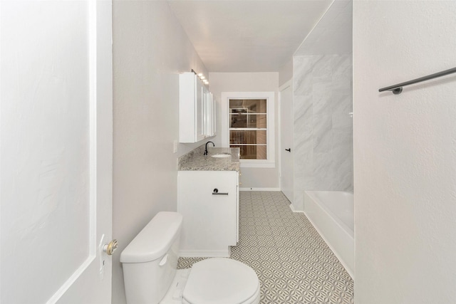 full bath with toilet, vanity, baseboards, a shower, and a bathtub