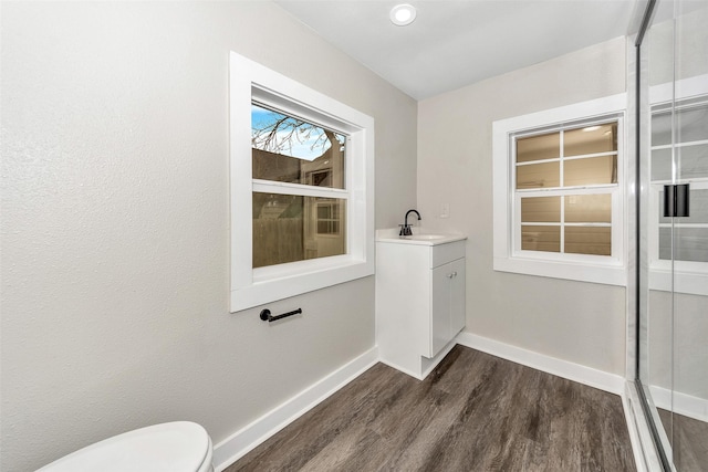 bathroom with toilet, vanity, baseboards, and wood finished floors