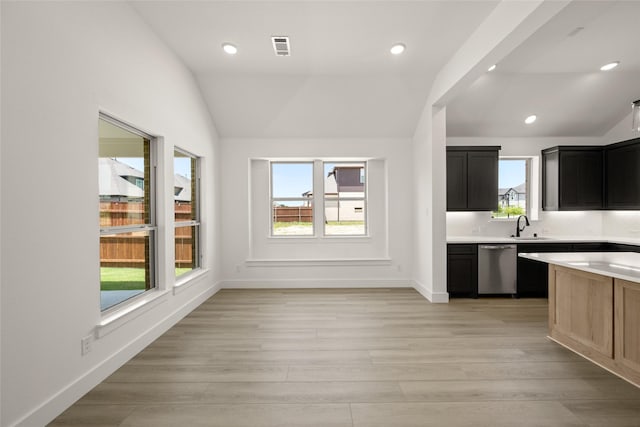 317 Willie Way, Burleson, TX 76028 - kitchen featuring stainless steel dishwasher, vaulted ceiling, healthy amount of natural light, a sink, and light wood-style floors