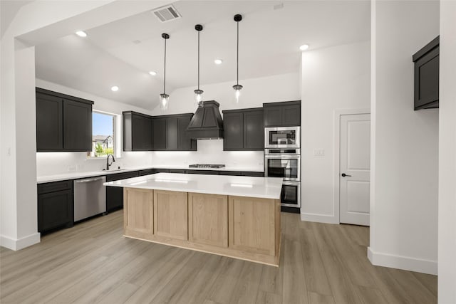 317 Willie Way, Burleson, TX 76028 - kitchen featuring appliances with stainless steel finishes, premium range hood, light wood-style floors, a sink, and light countertops
