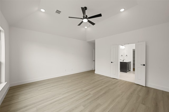 317 Willie Way, Burleson, TX 76028 - empty room with a ceiling fan, light wood-type flooring, recessed lighting, vaulted ceiling, and baseboards