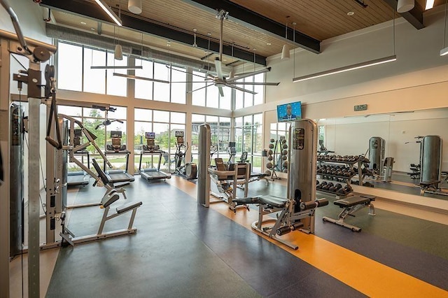 gym featuring ceiling fan and a high ceiling