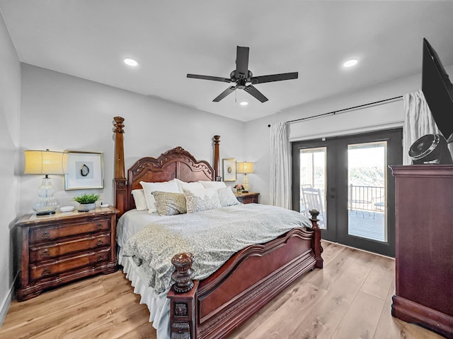 bedroom with a ceiling fan, access to outside, light wood finished floors, and recessed lighting