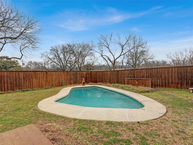 view of pool with a fenced backyard, a fenced in pool, and a lawn