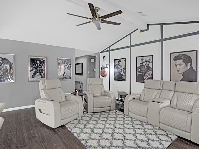 1709 Broadway St, Denton, TX 76201 - living area featuring dark wood-type flooring, lofted ceiling with beams, a ceiling fan, and baseboards