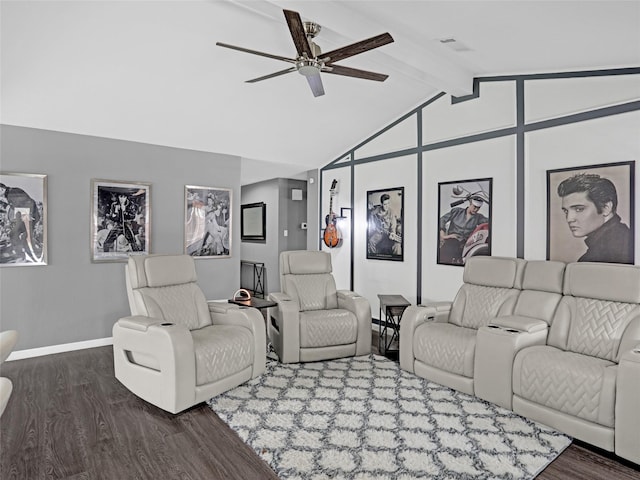 living room featuring vaulted ceiling with beams, dark wood-type flooring, a ceiling fan, and baseboards