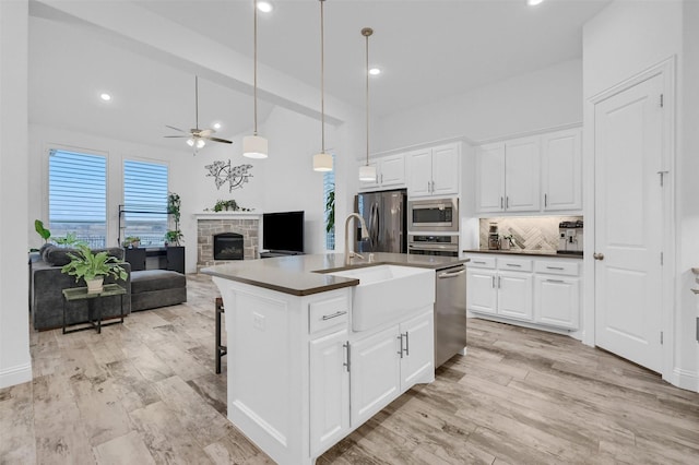 kitchen with a sink, a glass covered fireplace, open floor plan, stainless steel appliances, and decorative backsplash