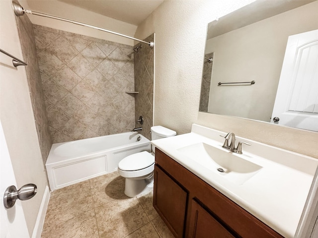 bathroom with toilet, vanity, and bathing tub / shower combination