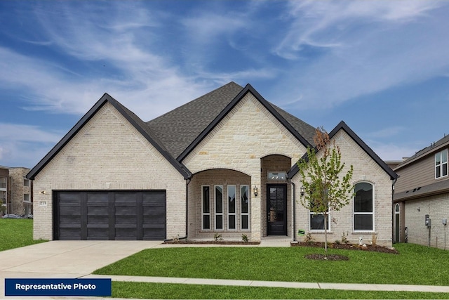 french country style house featuring a garage, brick siding, a shingled roof, driveway, and a front yard