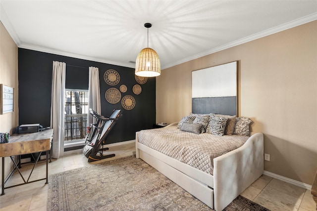 bedroom featuring ornamental molding and baseboards