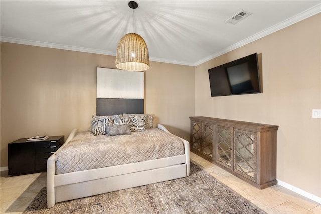 bedroom with visible vents, crown molding, baseboards, and tile patterned floors