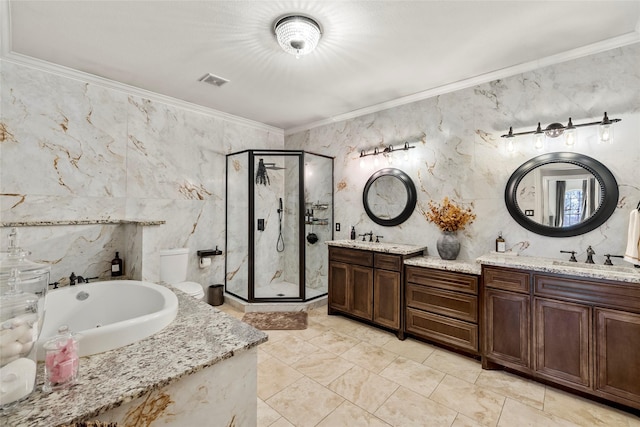 full bath featuring visible vents, a tub with jets, crown molding, a shower stall, and a sink
