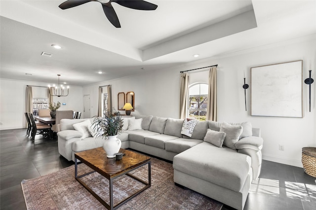 living room featuring recessed lighting, visible vents, baseboards, a tray ceiling, and crown molding